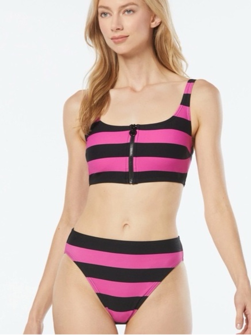 MICHAEL Michael Kors Rugby Strip Zip Front Sporty Bikini Black Pink Size L